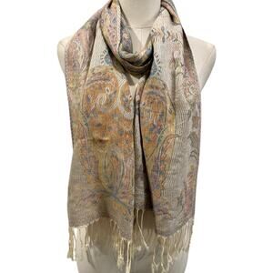Pashmina Silk Blend Paisley Floral Scarf Shawl Neutral Pastel Boho Quiet Luxury